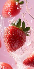 Poster - Juicy Strawberries Splashing in Water on Pink Background for Freshness : Generative AI