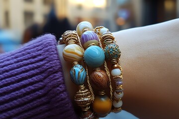 Poster - Elegant handcrafted bracelets in vibrant colors showcased on a wrist under soft natural light : Generative AI