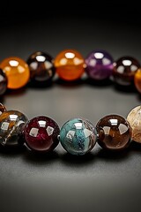 Poster - Elegant arrangement of colorful gemstone beads on a dark surface creating an eye-catching bracelet display : Generative AI