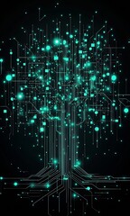 Poster - Futuristic Digital Tree with Flowing Circuitry Against a Sleek Black Background : Generative AI