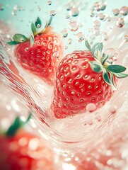 Poster - Fresh strawberries splashing in clear water creating an artistic and vibrant scene : Generative AI