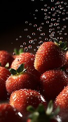 Poster - Close up of fresh ripe strawberries splashing in water creating a refreshing and vibrant atmosphere : Generative AI