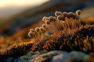 Poster - Delicate wildflowers bathed in golden sunlight on a rocky hillside during sunset : Generative AI