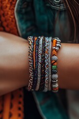 Poster - Stylish Wrist Adornment Featuring Colorful Woven Bracelets with Diverse Textures and Vibrant Hues : Generative AI