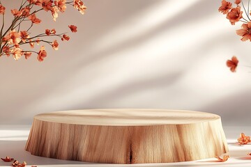 Poster - Minimalistic wooden pedestal surrounded by delicate flowers for presentation or photography : Generative AI