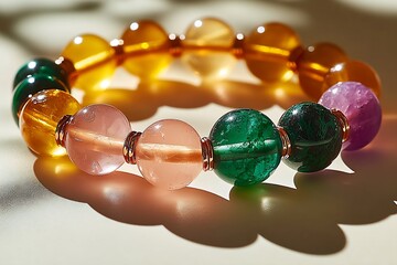 Poster - Colorful gemstone bracelet adorned with various vibrant beads, highlighted by soft natural light in a creative setting : Generative AI