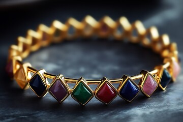 Poster - Close-up view of an elegant golden bracelet embellished with colorful gemstones shining brightly : Generative AI