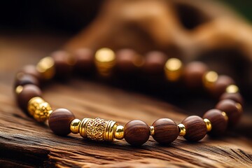 Poster - Exquisite Wooden Beaded Bracelet with Elegant Gold Accents Displayed on Rustic Wood : Generative AI
