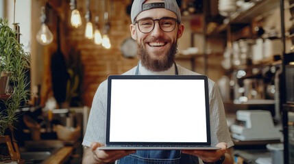 Wall Mural - Part-time job for students. A bearded, cheerful guy in glasses and an apron holds a laptop with a white blank screen in his hands. Laptop mockup. He works as a barista, waiter or cook