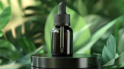 Poster - Elegant glass dropper bottle with essential oil elegantly placed among lush tropical leaves in a serene setting : Generative AI