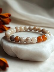 Poster - Beautiful close-up image of a handcrafted stone bracelet made of natural stones and set against a soft background : Generative AI