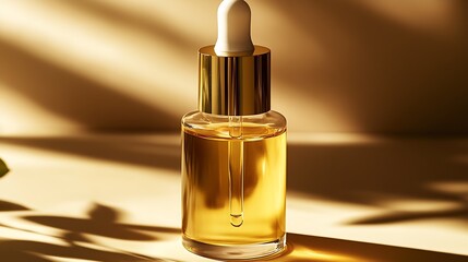 Aufkleber - Elegant glass dropper bottle filled with golden oil showcasing natural beauty in soft light : Generative AI