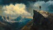 © Emas77 - Solitary Sentinel, A Lone Figure Perched on a Cliffside Overlooking Majestic Peaks