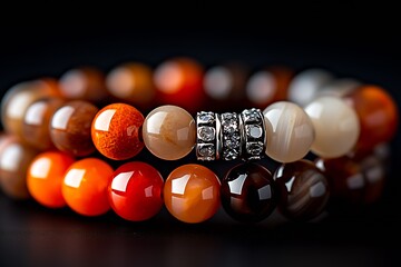 Poster - Elegant collection of orange and brown gemstone bracelets displayed against a dark background : Generative AI