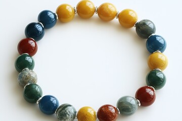 Poster - Beautiful Beaded Bracelet Made of Vibrant Natural Stones on White Background : Generative AI