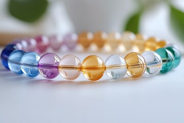 Poster - Colorful bead bracelet made of translucent materials elegantly arranged on a white surface : Generative AI