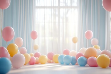 Poster - Colorful balloons scattered around a bright room filled with natural sunlight creating a festive atmosphere : Generative AI