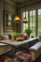 Poster - Elegant breakfast nook with a rustic wooden table and a variety of fruits under beautiful lighting and a view of the outdoors : Generative AI