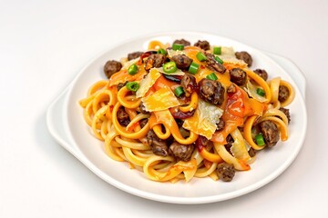 delicious pasta dish with cheese, peppers, and herbs on white plate