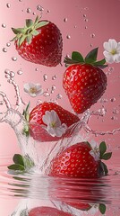 Poster - Lively Strawberries Creating a Beautiful Splash in Water Accompanied by Flowers : Generative AI