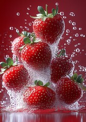 Poster - Fresh and Juicy Strawberries Splashing in Water Creating a Dynamic and Vibrant Image : Generative AI