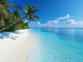 Poster - Tranquil beach scene showcasing a stunning turquoise sea and soft white sand framed by lush palm trees under a clear sky : Generative AI