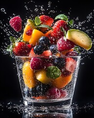 Poster - Dynamic explosion of fruits and mint leaves in a glass bowl showcasing vibrant flavors and textures : Generative AI