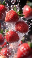 Poster - Dynamic image of strawberries interacting with bubbles and water in a refreshing composition : Generative AI