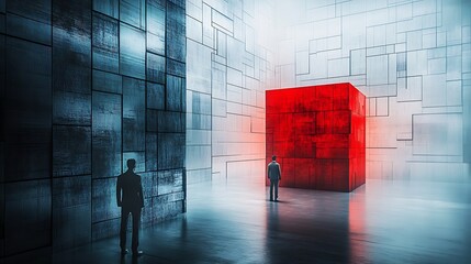 Aufkleber - Stunning Digital Art of a Surreal Space with a Red Cube and Figures in a High Tech Environment : Generative AI
