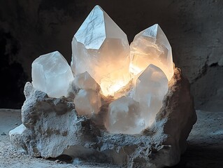 Aufkleber - Luminous quartz crystal arrangement radiating soft light in a serene environment : Generative AI