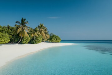 Poster - Beautiful tropical beach with palm trees and clear shallow waters inviting relaxation and escape : Generative AI