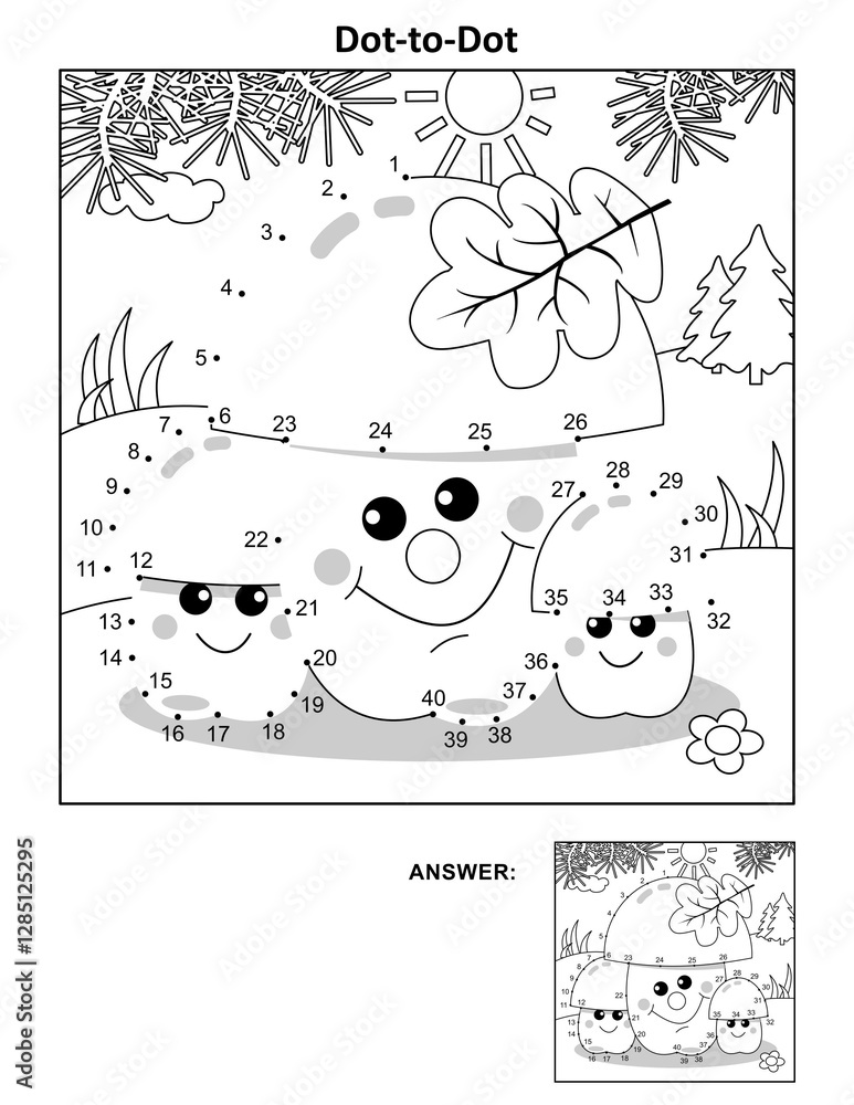 Three mushrooms family connect the dots puzzle and coloring page ...