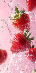 Poster - Vibrant Strawberries Creating Waves in Water on a Soft Pink Background Showcasing Freshness : Generative AI