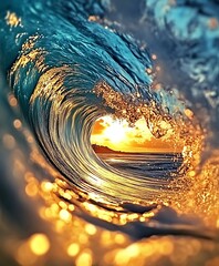 Poster - Stunning photograph of an ocean wave curling gracefully as the sun sets in the background : Generative AI