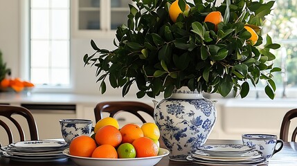 Poster - Bright and Fresh Citrus Arrangement with Lush Greenery in an Elegant Dining Setting : Generative AI