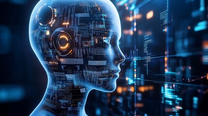 Aufkleber - Close-up view of a futuristic humanoid robot showcasing advanced technology in a digital environment : Generative AI