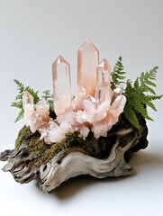 Aufkleber - Exquisite arrangement of pink quartz crystals on driftwood with white stones and vibrant green ferns creating a serene scene : Generative AI