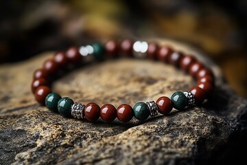 Poster - Close-up of a crafted gemstone bracelet featuring red and green beads on an organic stone surface : Generative AI