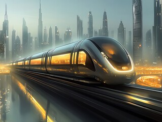 Poster - Futuristic high-speed train gliding through a vibrant urban skyline in the early morning light : Generative AI