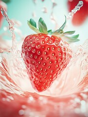 Poster - Single strawberry surrounded by splashing water droplets offering a delicious and juicy look : Generative AI