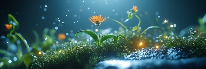 Aufkleber - Charming view of blooming orange flowers surrounded by lush greenery and glowing effects in a forest : Generative AI