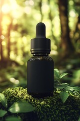 Aufkleber - Stylish dark glass dropper bottle on vibrant green moss captured in an enchanting woodland scene : Generative AI