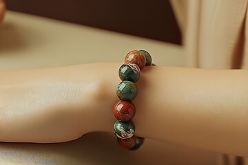 Poster - Stunning gemstone bracelet featuring rich red and green tones artistically displayed on a graceful wrist against soft background : Generative AI