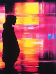 Leinwandbilder - Dramatic Neon Art Scene Capturing Silhouette Against Vibrant Colorful Light Display : Generative AI