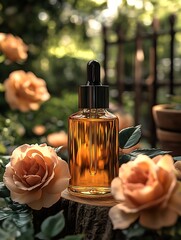 Aufkleber - Elegant glass dropper bottle with golden serum surrounded by blooming roses in a lush garden setting : Generative AI