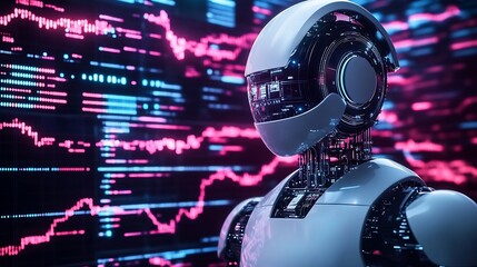 Fototapete - Robotics concept featuring a humanoid figure with sleek design and vibrant lights in a high-tech digital environment : Generative AI