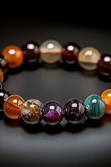 Poster - Close-up of a stunning assortment of gemstone beads creating a striking multi-colored bracelet against a dark backdrop : Generative AI