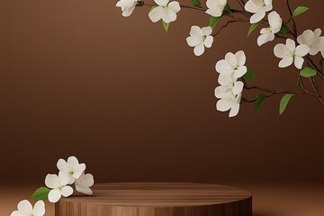 Poster - Charming white blossoms elegantly positioned on a wooden base with a dark brown background : Generative AI