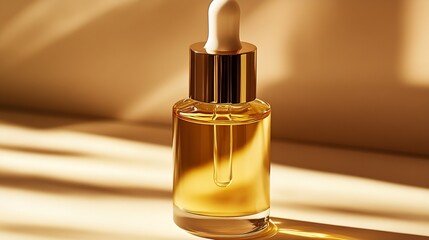Aufkleber - Luxurious dropper bottle filled with radiant golden oil against a backdrop of soft shadows and light : Generative AI