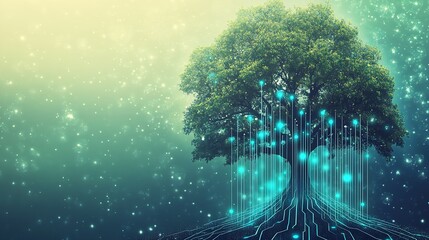 Fototapete - Digital Tree with Vibrant Blue Lights Representing Nature and Technology Fusion in a Mystical Setting : Generative AI